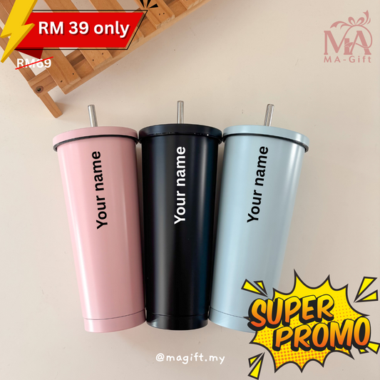 [Custom Name] Stainless Steel Vacuum Flask Tumbler - FREE Straw