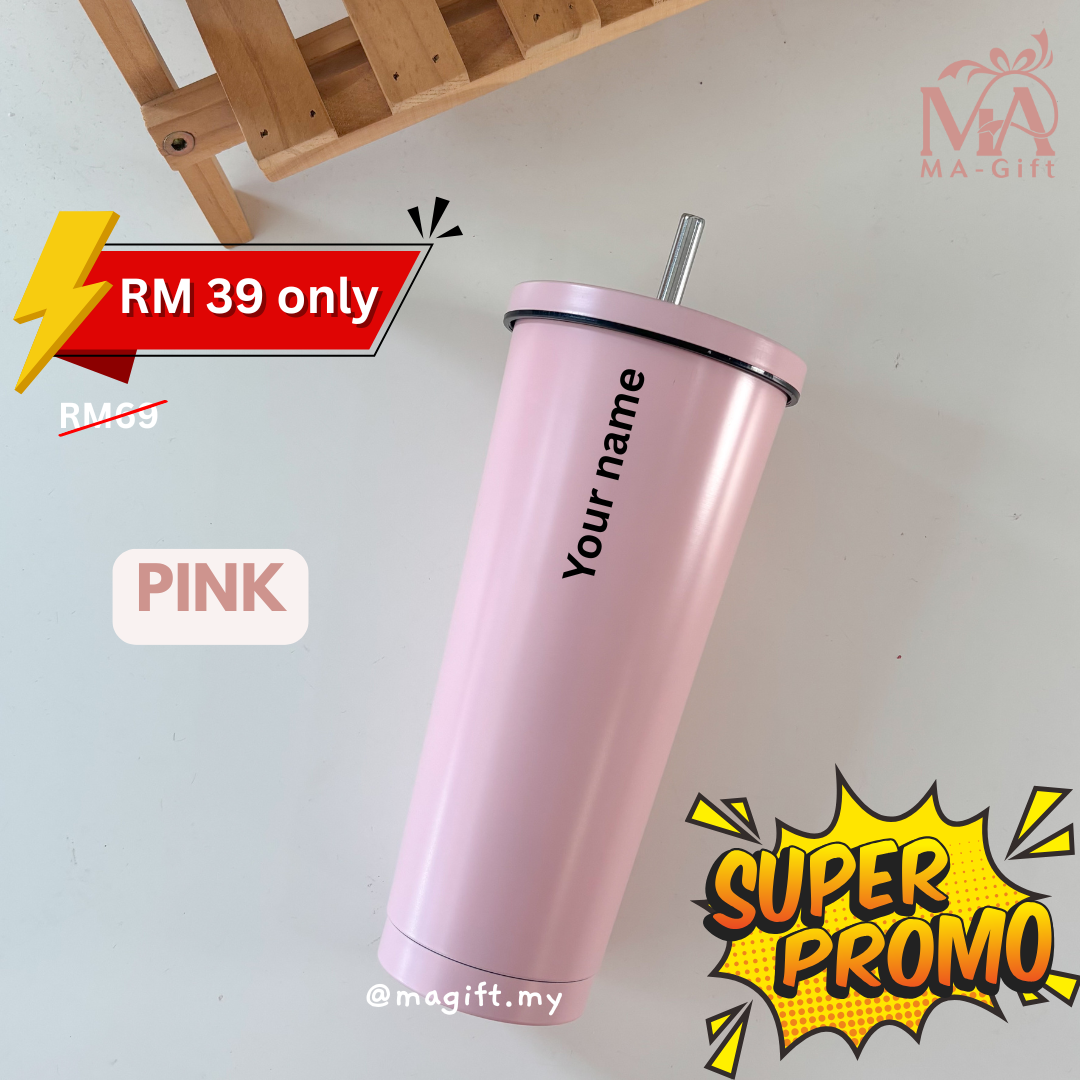 [Custom Name] Stainless Steel Vacuum Flask Tumbler - FREE Straw